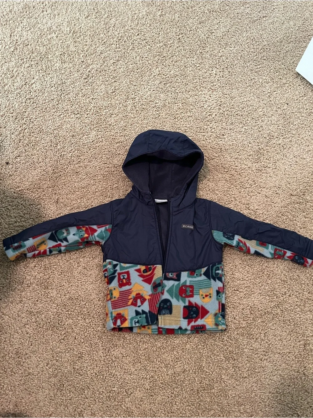 Columbia Toddler Navy Hooded Jacket with Colorful Patterned Fleece